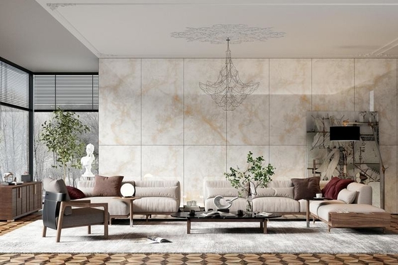 آراستایی دیوار بیرونی شیشه ای پولیش فرش چینی 900x1800x9mm برای اتاق غذاخوری روشن زرد فرش کف داخلی